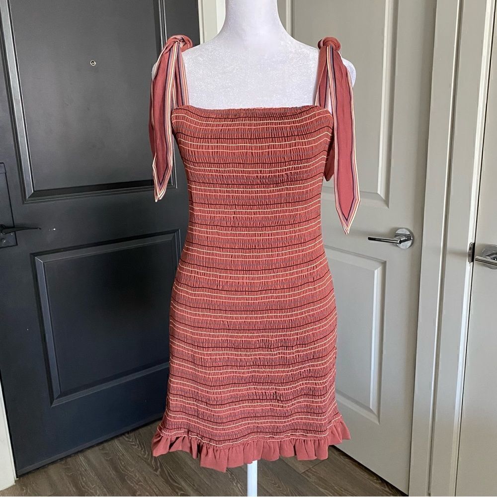 Storia Terracotta Smocked Tie Shoulder Ruffle Hem Mini Dress SD1652 Large
